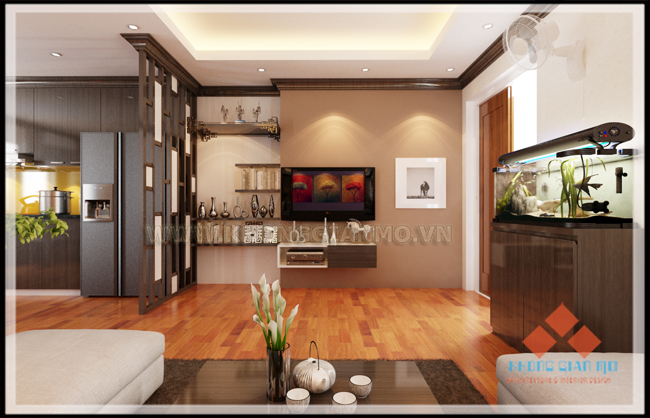 Thiết kế chung cư VP3 Bán Đảo Linh Đàm Phối cảnh 3D phòng khách- v2