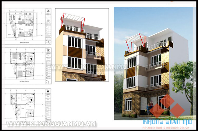 Phối cảnh 3D kiến trúc mặt tiền và bố trí mặt bằng nội thất tầng 1, 2, 3. Công trình anh Thắng - Thanh trì - Hà Nội.